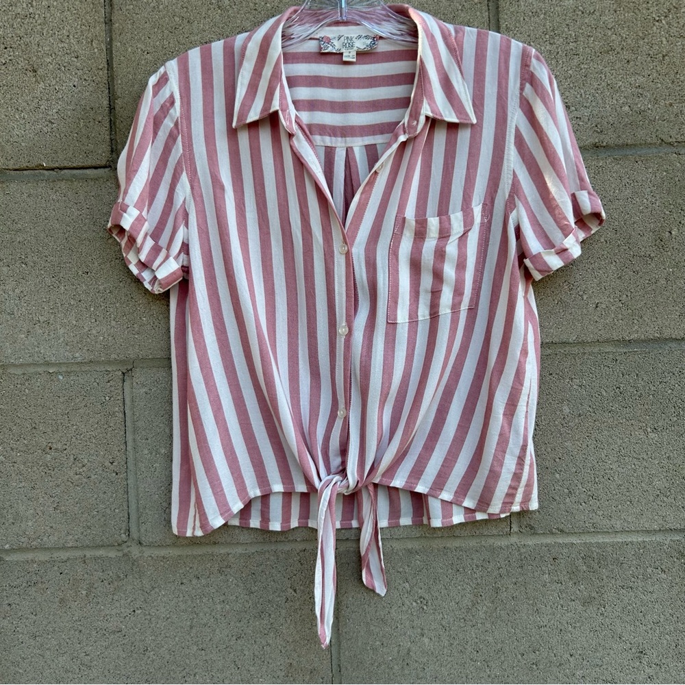 Pink Rose Women's Pink and White Striped Button Down Shirt Size Small